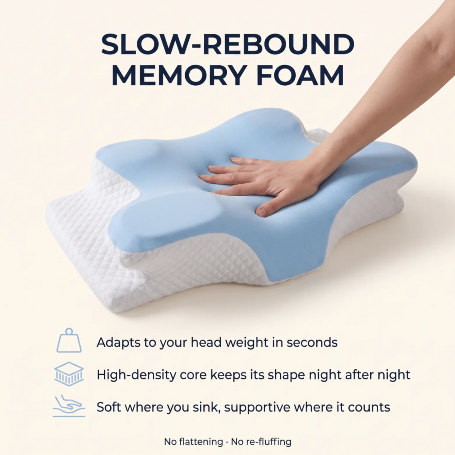 Slow-rebound memory foam, hand press demonstration